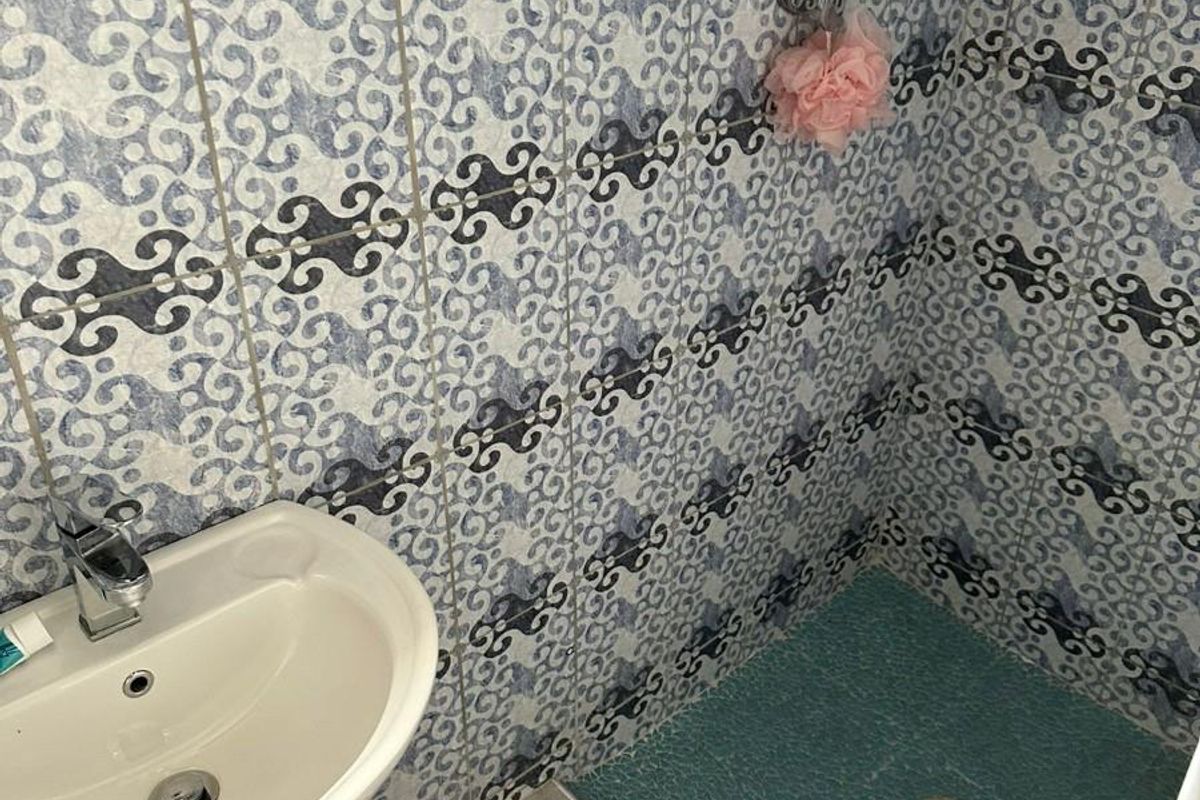 Compact bathroom featuring a pedestal washbasin and a shower area with decorative patterned wall tiles and a recessed storage niche.