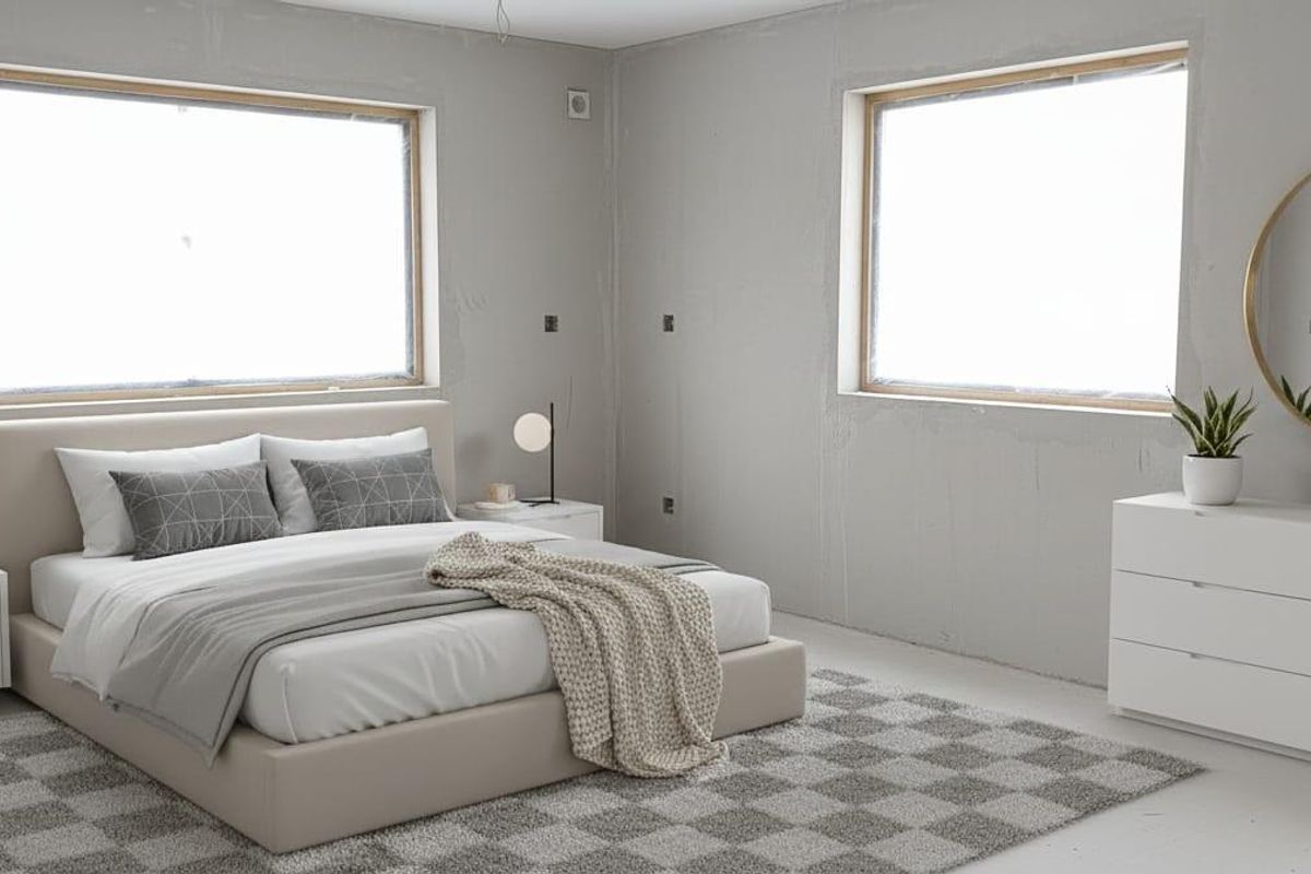 A bedroom space featuring unfinished grey plaster walls and large windows, currently undergoing renovation with basic electrical points exposed.