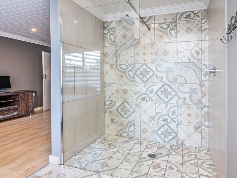Modern walk-in shower featuring decorative patterned wall and floor tiles, a frameless glass screen, and a rainfall shower head.