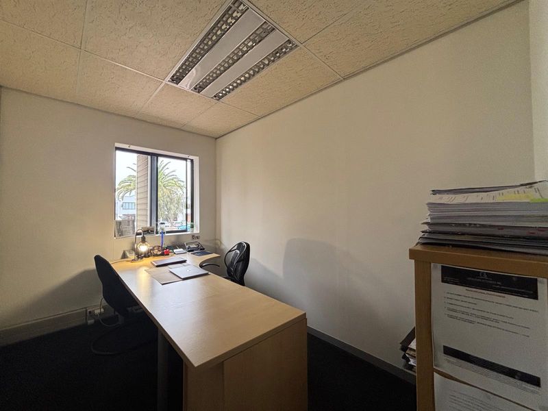 A functional office space featuring suspended acoustic ceiling tiles, recessed fluorescent lighting, and carpet flooring, providing a practical work environment.