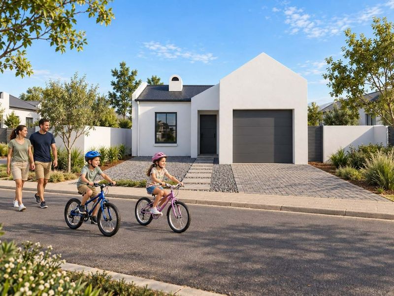 Modern single-story residential home featuring a clean white facade, dark metal roof, integrated garage, and a paved driveway in a landscaped estate setting.