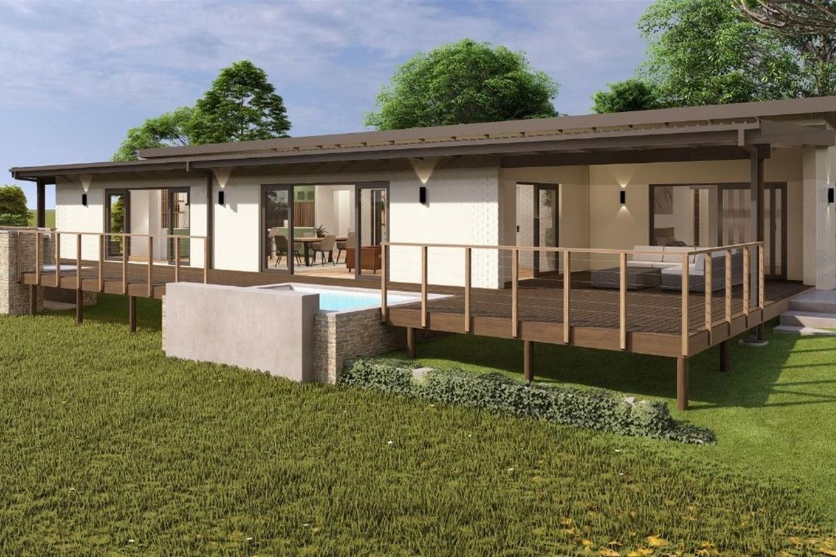 A 3D architectural rendering of a modern residential property featuring an expansive wooden deck, integrated swimming pool, and large sliding glass doors.