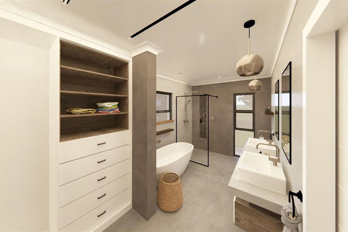 Modern bathroom featuring a freestanding bathtub, glass-enclosed walk-in shower, double vanity with vessel sinks, and built-in cabinetry.