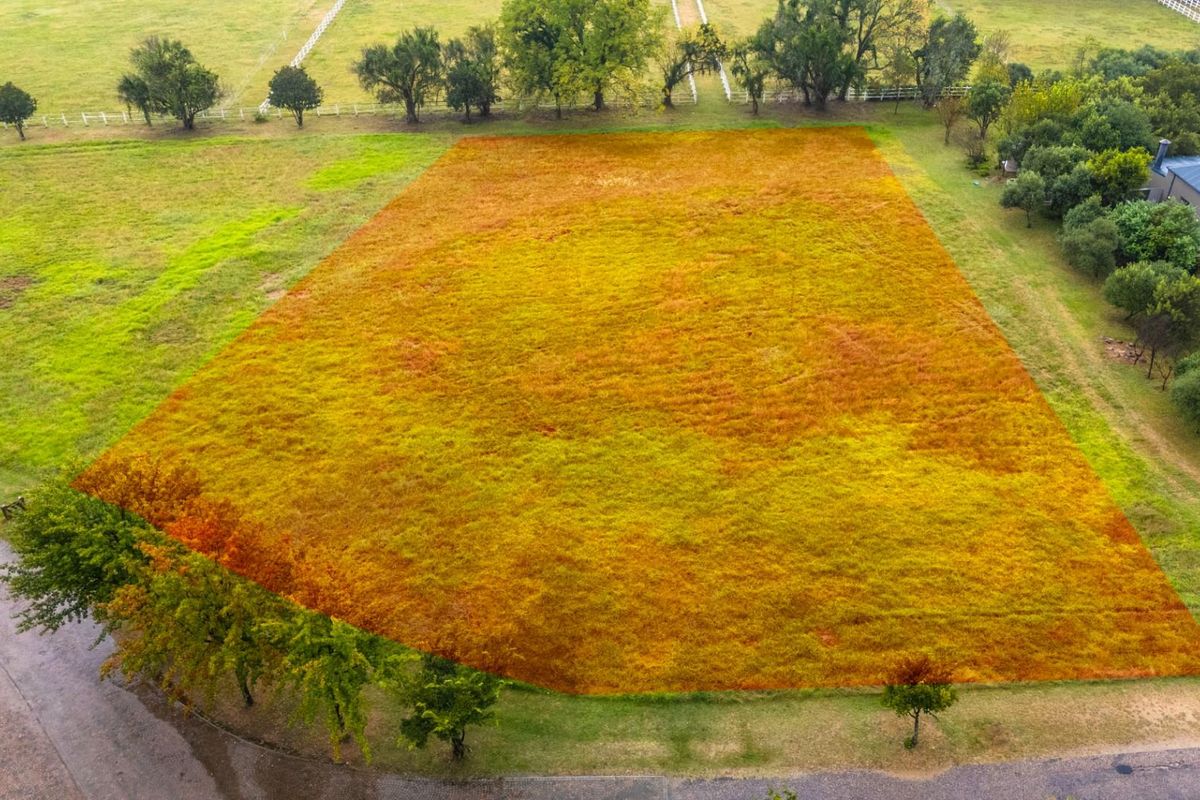 An aerial view of a vacant residential plot featuring a clear, grass-covered building site with established trees and surrounding neighborhood infrastructure.