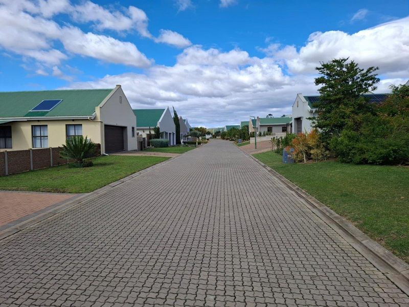 A view of a paved residential street within a well-maintained estate, featuring uniform housing architecture and landscaped green verges.