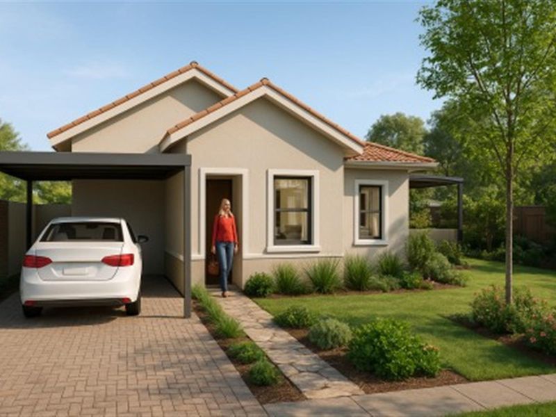 A modern single-story residential home featuring a tiled roof, paved driveway with a carport, and a landscaped front garden.