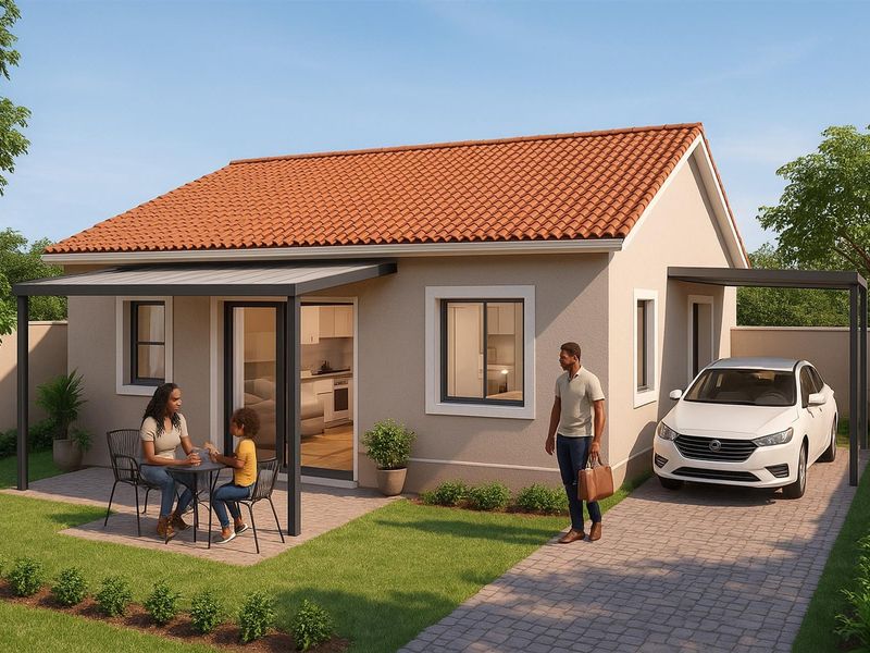 A modern single-story house featuring a tiled roof, paved driveway with carport, and a covered patio area overlooking a landscaped garden.