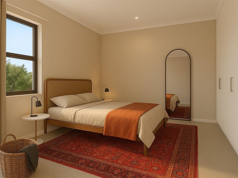 A well-lit bedroom featuring neutral walls, tiled flooring, and built-in floor-to-ceiling wardrobes, offering a clean and modern living space.