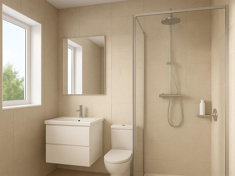 Modern bathroom featuring a wall-mounted vanity, a walk-in shower with a rainfall showerhead, and neutral floor-to-ceiling tiling.