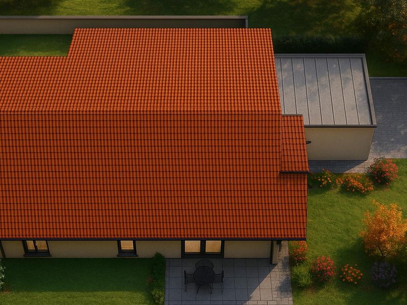 Aerial view of a residential house featuring a terracotta tiled roof, a paved patio area, and a landscaped garden.