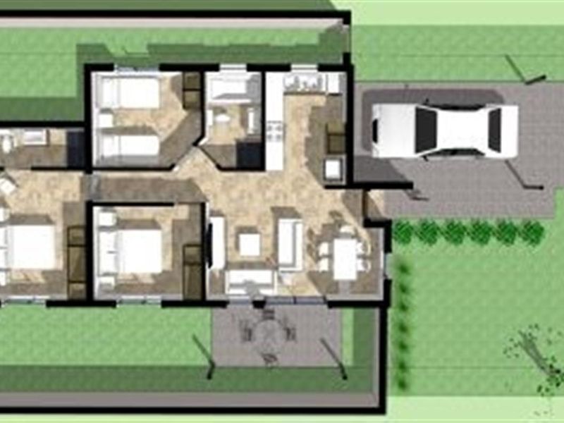 A top-down architectural floor plan illustrating the layout of the house, including bedrooms, living areas, kitchen, and outdoor space.