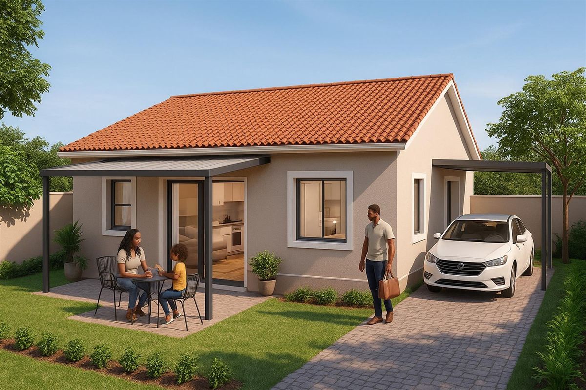 A modern single-story house featuring a tiled roof, paved driveway with carport, and a covered patio area overlooking a landscaped garden.