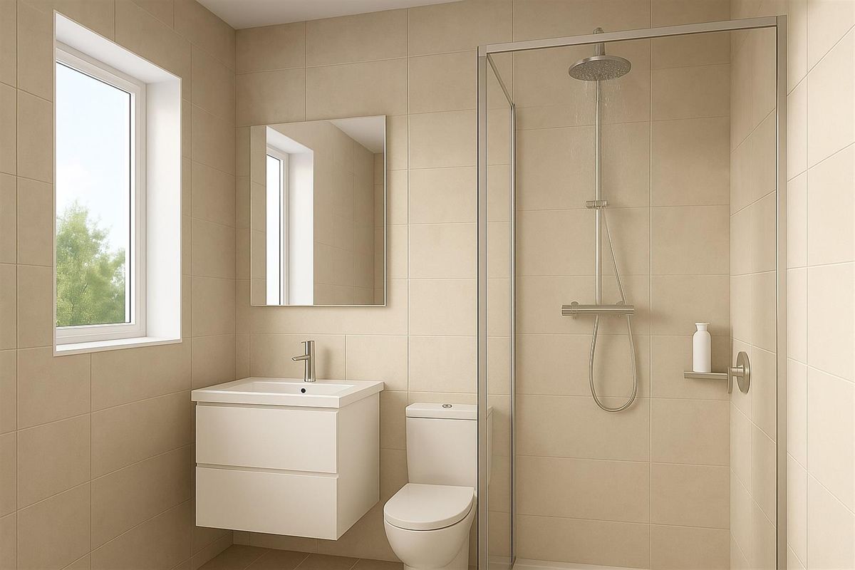 Modern bathroom featuring a wall-mounted vanity, a walk-in shower with a rainfall showerhead, and neutral floor-to-ceiling tiling.