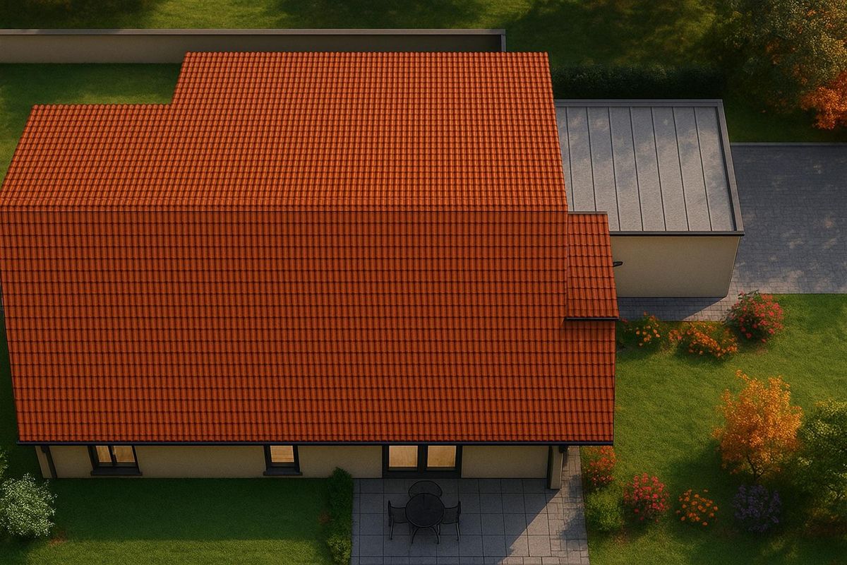 Aerial view of a residential house featuring a terracotta tiled roof, a paved patio area, and a landscaped garden.