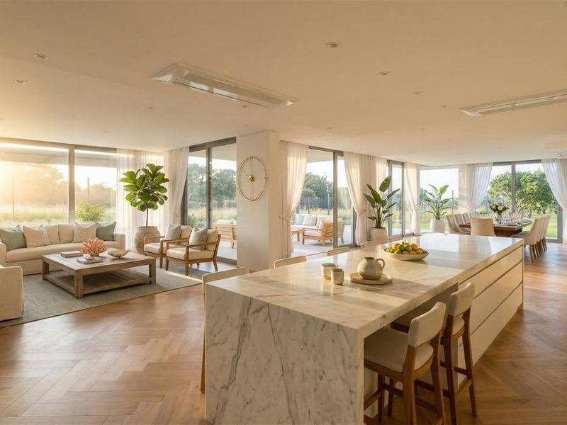 Spacious open-plan living and kitchen area featuring premium marble island, herringbone timber flooring, and expansive floor-to-ceiling glass doors opening to the outdoors.