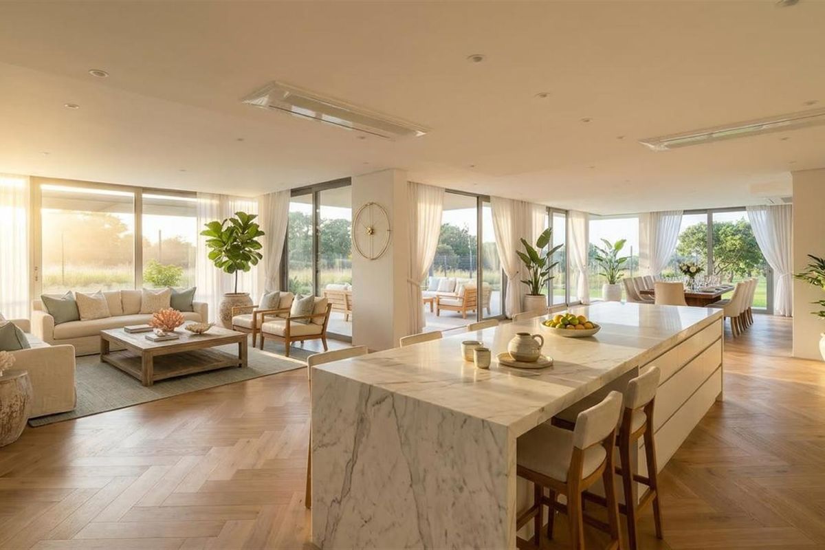 Spacious open-plan living and kitchen area featuring premium marble island, herringbone timber flooring, and expansive floor-to-ceiling glass doors opening to the outdoors.