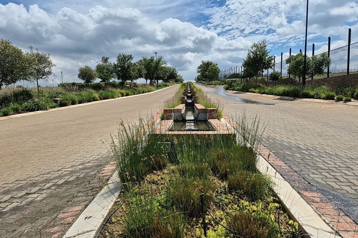 A well-maintained residential street featuring a central water feature, paved road surfaces, and landscaped verges within a secure estate.