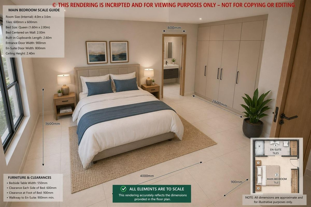 A rendered view of a spacious main bedroom featuring built-in cupboards, tiled flooring, and an adjoining en-suite bathroom.