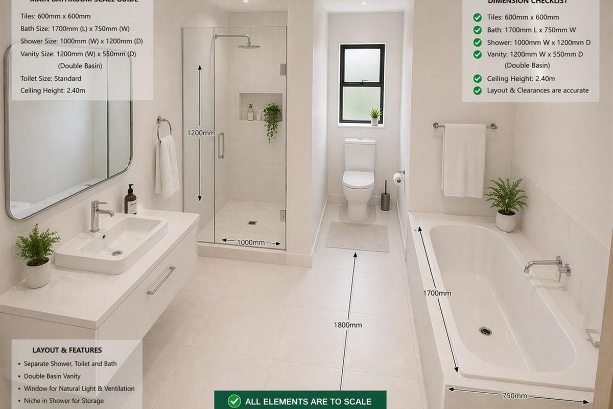 A 3D rendered bathroom design featuring a double basin vanity, separate shower enclosure, bathtub, and toilet with modern finishes and natural light.