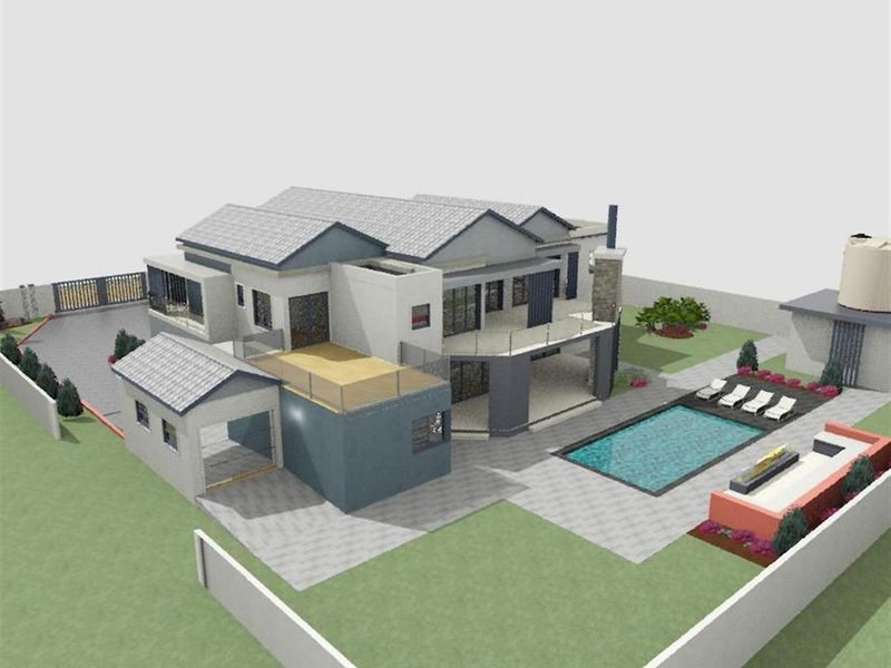An aerial 3D architectural rendering of a modern residential property featuring a swimming pool, garage, and landscaped outdoor areas.