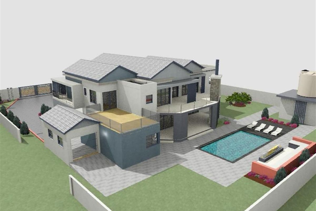 An aerial 3D architectural rendering of a modern residential property featuring a swimming pool, garage, and landscaped outdoor areas.