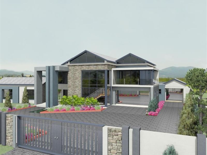 A modern architectural rendering of a luxury residence featuring stone cladding, expansive glass windows, a paved driveway, and a secure gated entrance.