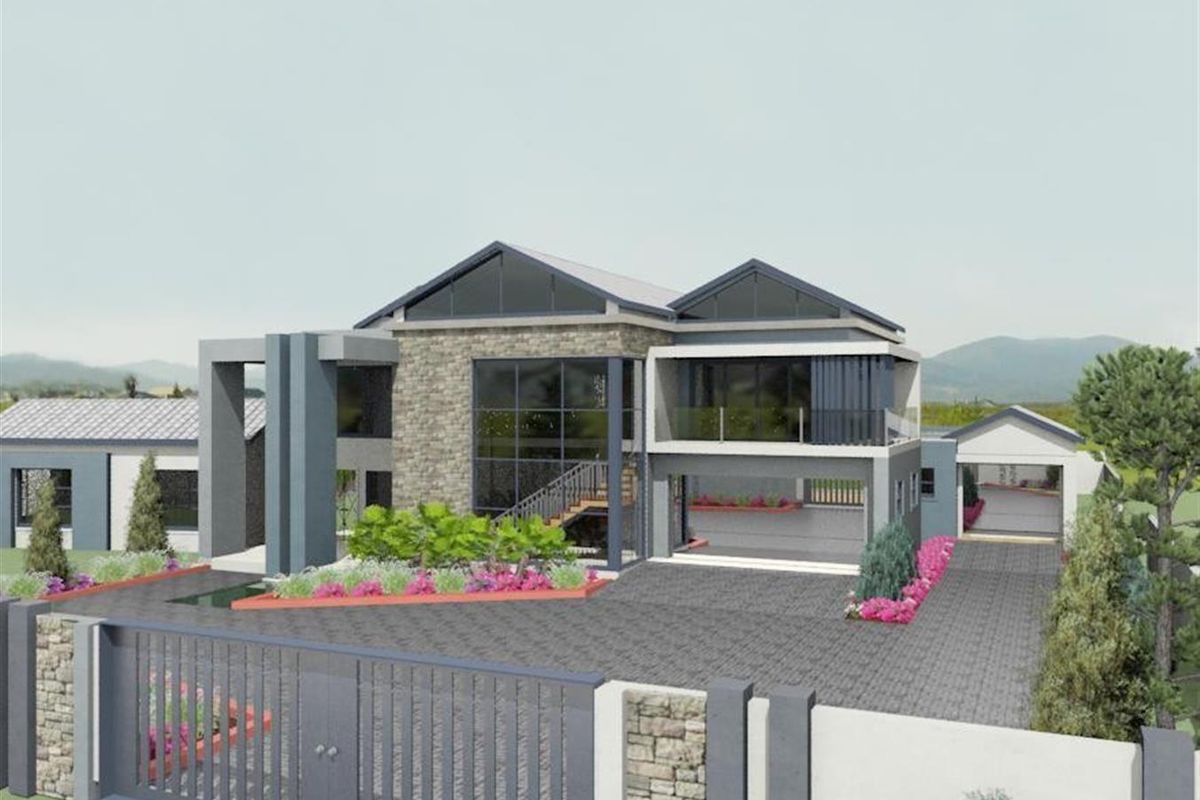 A modern architectural rendering of a luxury residence featuring stone cladding, expansive glass windows, a paved driveway, and a secure gated entrance.