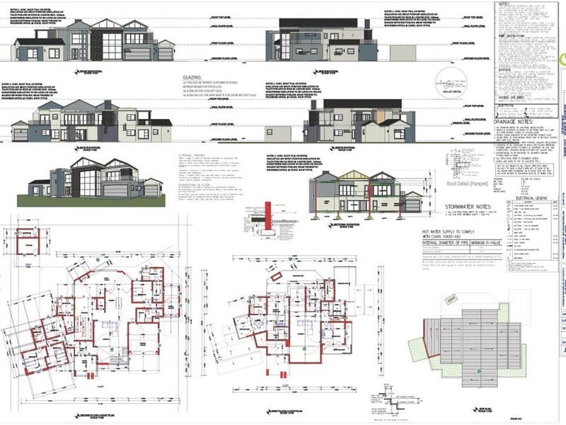 Architectural floor plans and elevation drawings for a residential property, detailing the layout, structural design, and construction specifications.