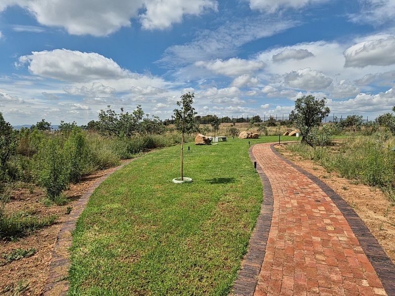 A well-maintained residential garden featuring a curved brick paved pathway, manicured lawn, and perimeter fencing under a clear blue sky.
