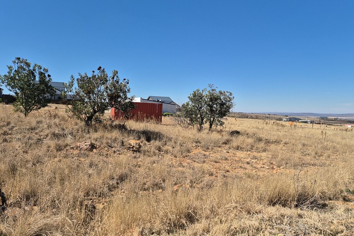 A view of a vacant residential plot featuring natural dry grass, scattered trees, and rocky terrain under a clear blue sky.