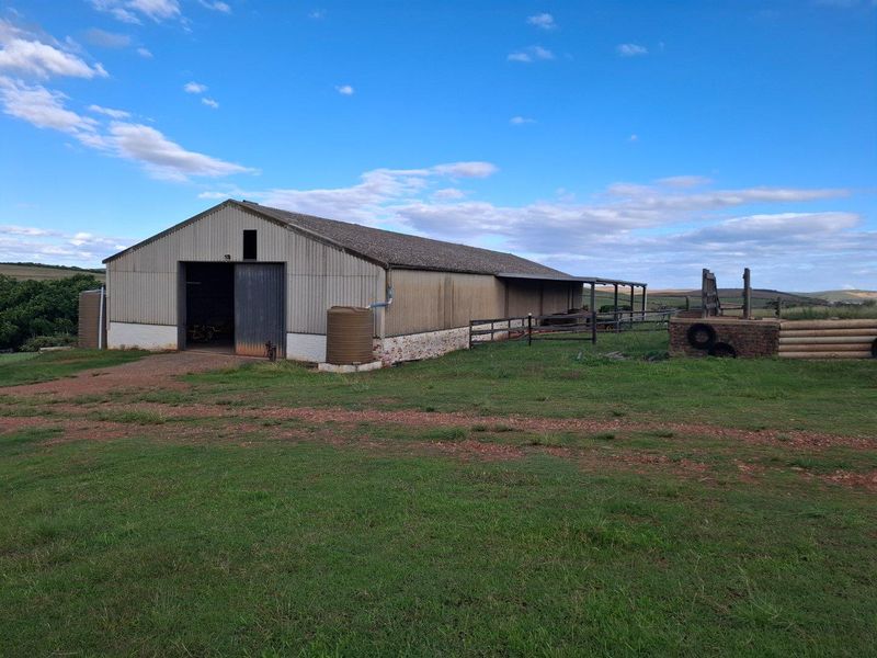 A large agricultural barn featuring corrugated metal cladding, external water tanks, and an open-plan storage area set within a rural farm landscape.