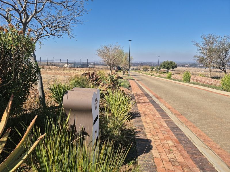 A view of a paved residential street with brick edging, landscaped verges, and perimeter fencing in a well-maintained estate setting.
