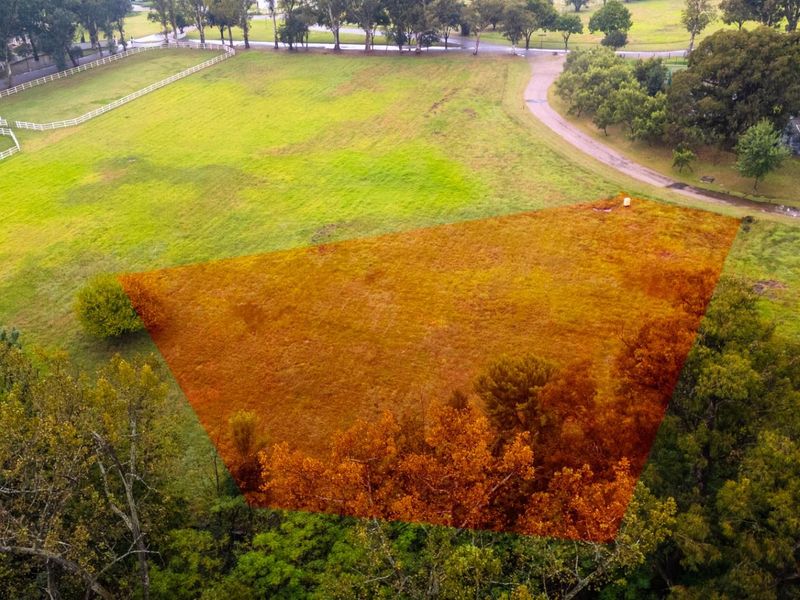 An aerial view of a vacant residential plot featuring open grass land, mature trees, and surrounding estate infrastructure.