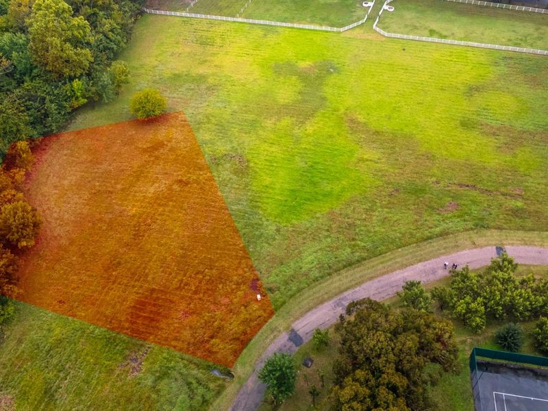 Aerial view of a vacant residential land parcel featuring open green space, mature trees, and adjacent paved access path.