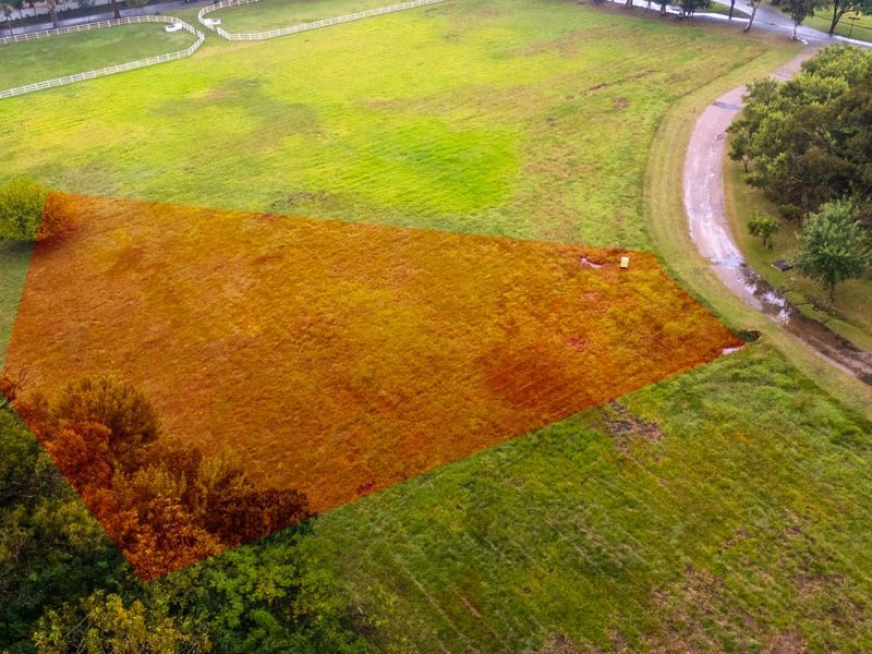 Aerial view of a vacant residential plot featuring open grass land with established trees and adjacent road access.