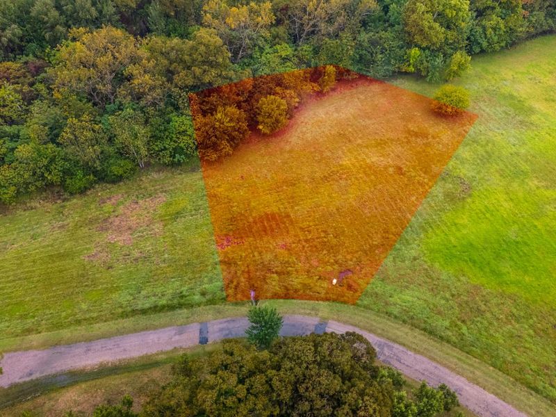 An aerial view of a vacant residential plot featuring open grassy terrain, mature trees, and direct access to a paved road.