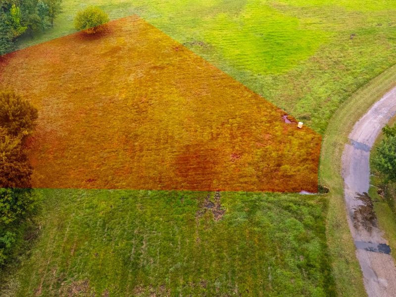 Aerial view of a vacant residential land parcel featuring open grassy terrain, mature trees, and adjacent road access.