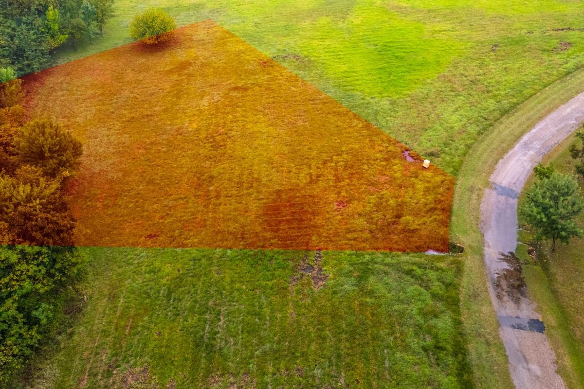 Aerial view of a vacant residential land parcel featuring open grassy terrain, mature trees, and adjacent road access.