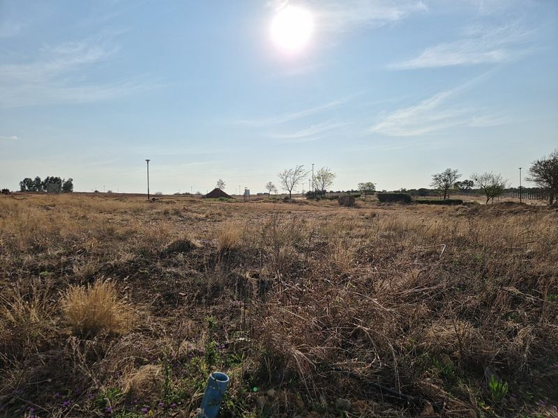 A wide-angle view of a vacant residential plot featuring dry grass, a utility pipe, and distant street lighting infrastructure.