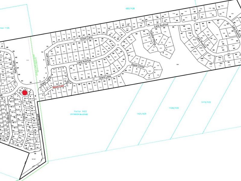 A detailed site layout plan showing the subdivision of the residential land development with street names and plot numbers.