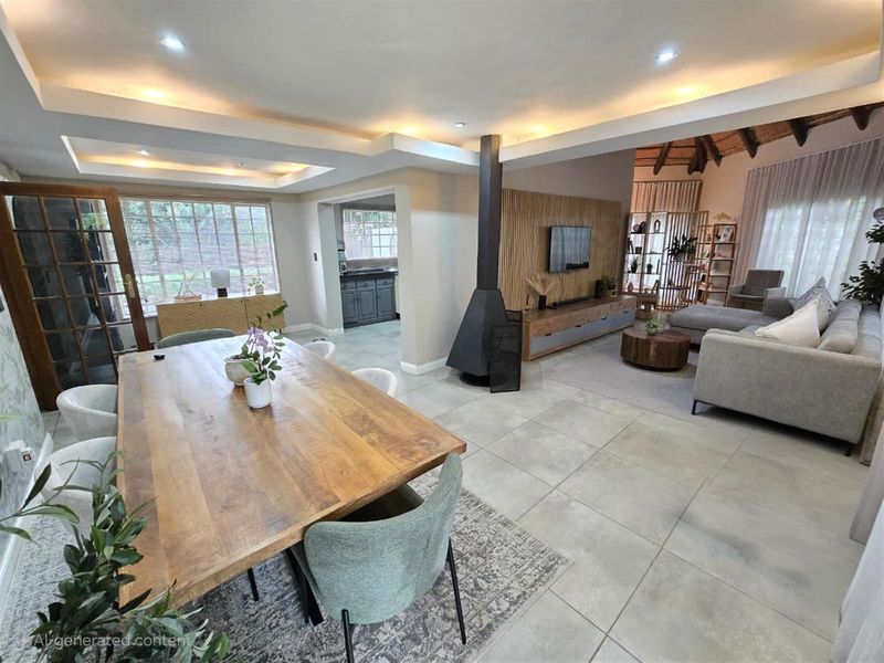 Spacious open-plan living and dining area featuring large format floor tiles, a modern suspended fireplace, and recessed ceiling lighting.