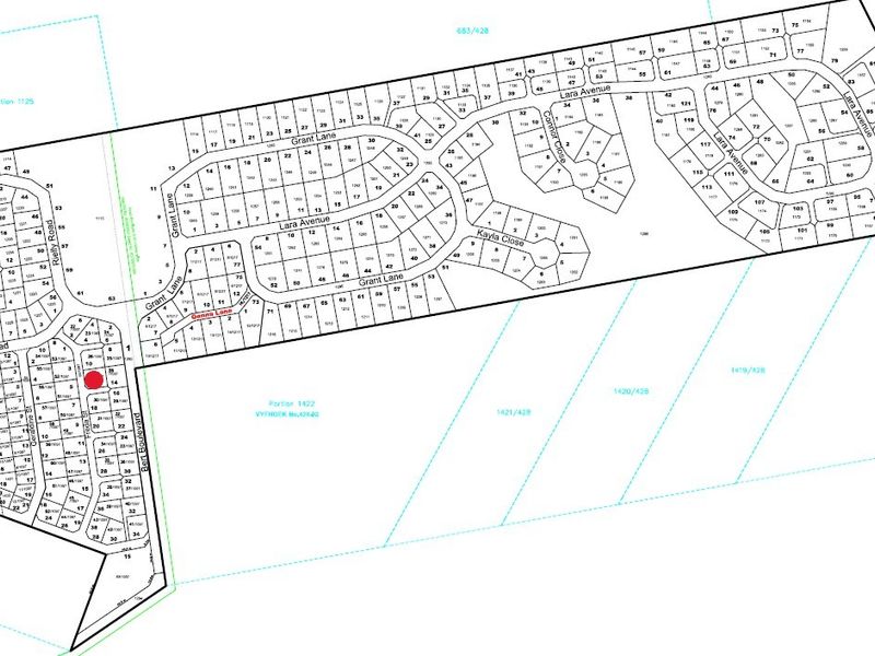 A detailed cadastral layout plan showing the subdivision of the residential estate, including street names and individual plot boundaries.