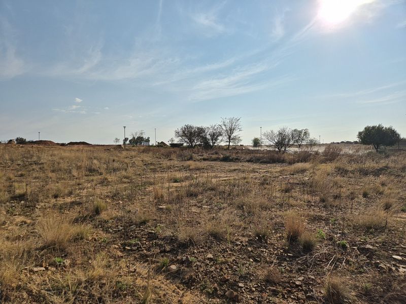 A wide-angle view of a vacant residential plot featuring natural dry vegetation and open terrain under a clear sky.