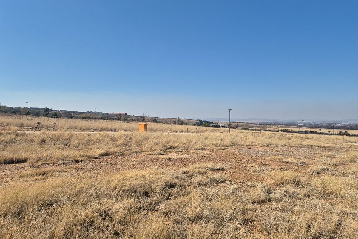 A view of a vacant residential plot featuring dry grass, street lighting, and a utility box under a clear blue sky.