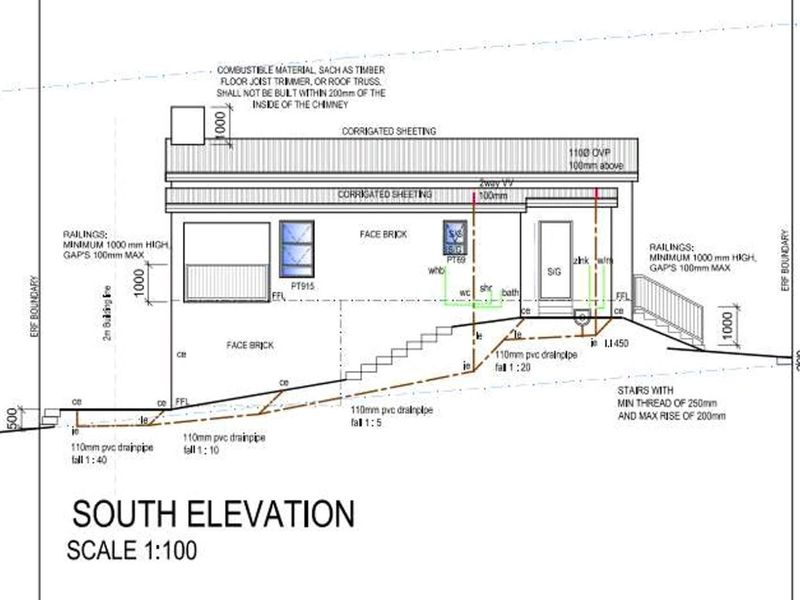 Architectural south elevation drawing detailing the building facade, drainage specifications, and structural dimensions for the property.