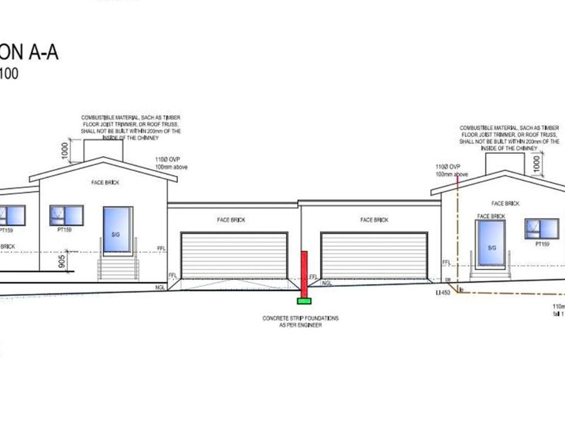 Architectural section drawing showing the east elevation of the house, detailing face brick finishes, roof structure, and foundation levels.