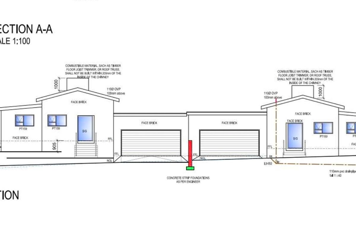 Architectural section drawing showing the east elevation of the house, detailing face brick finishes, roof structure, and foundation levels.
