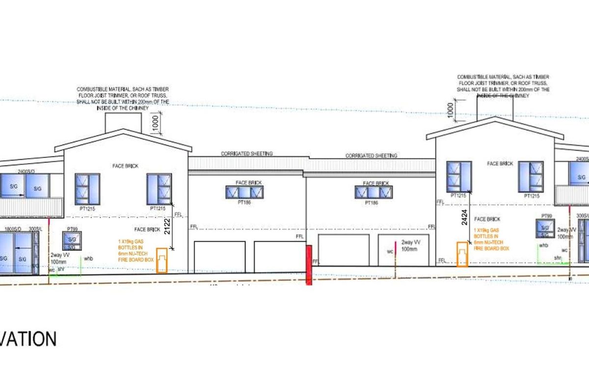 Architectural west elevation floor plan showing the building facade, window placements, and structural specifications for the property.