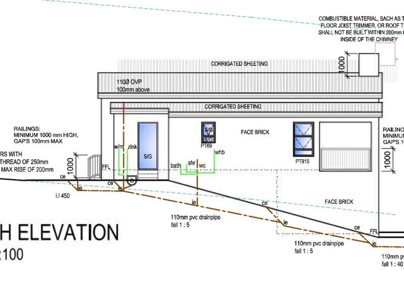 Architectural north elevation floor plan showing building specifications, drainage, and structural details.