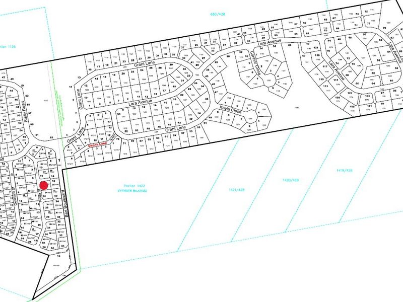 A detailed cadastral layout plan showing the subdivision of the residential land development with marked street names and individual plot boundaries.